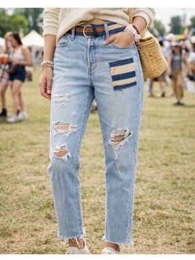 Levi's Light Blue Straight Leg Jeans with Blue and Cream Striped Patch